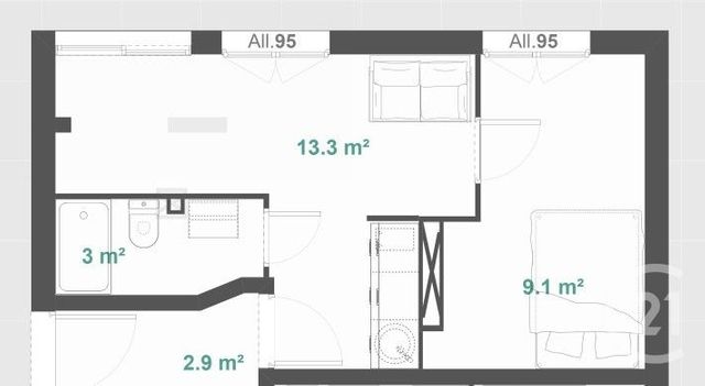 Appartement T2 à louer - 2 pièces - 26.0 m2 - GRENOBLE - 38 - RHONE-ALPES - Century 21 Victor Hugo